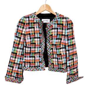 NWT Weill Paris Tweed Blazer Jacket Rainbow Black Plaid Colorful size 8